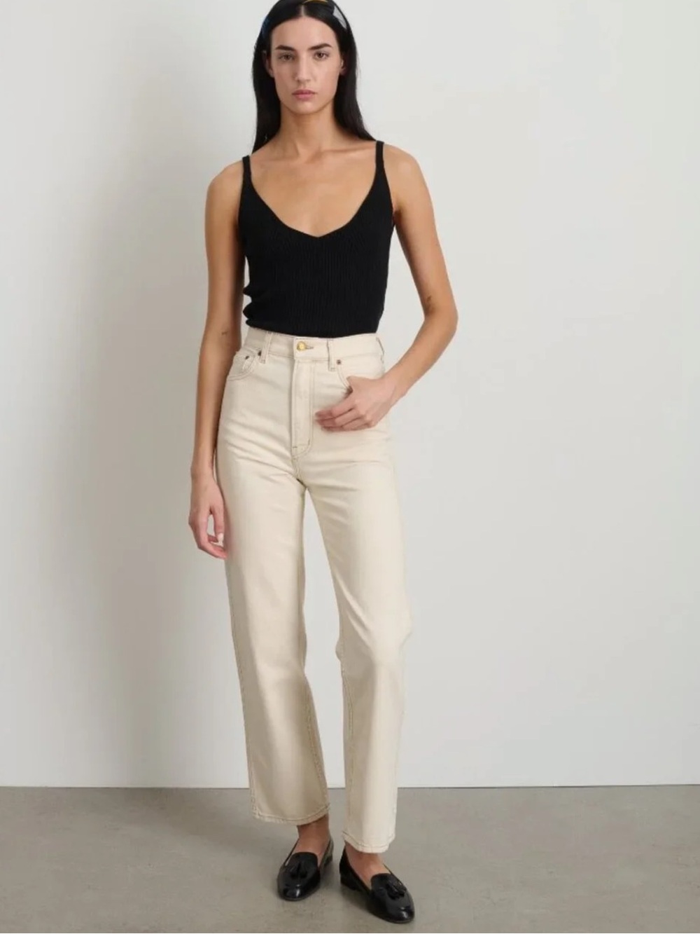 B Sides Plein Relaxed Straight Jeans 25 Ecru Ivory High Rise Made in USA Denim